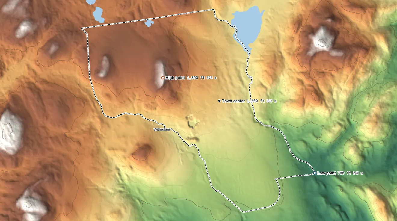 Topographic elevation map of Mineville, New York, shaded from 780 ft on the southeast side to 1,890 ft on Barton Hill