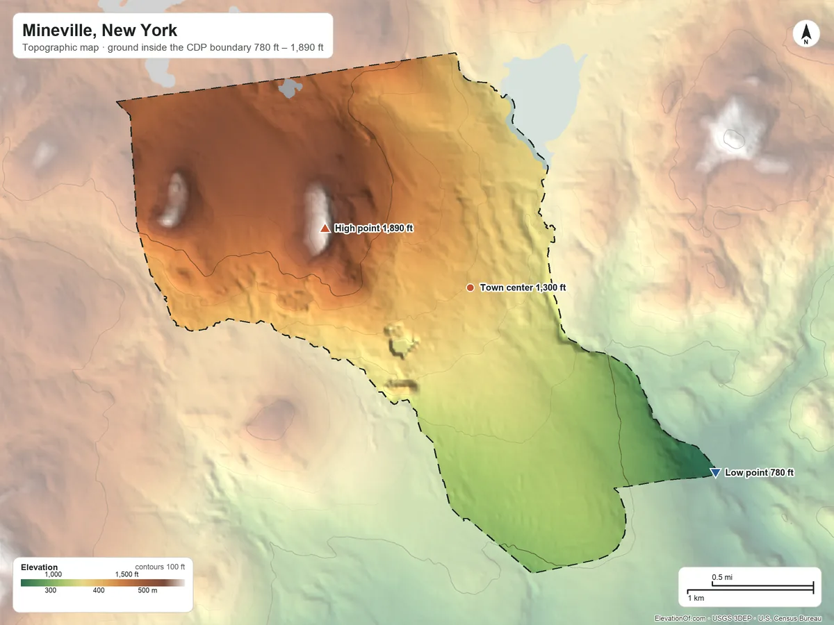 Topographic elevation map of Mineville, New York, shaded from 780 ft on the southeast side to 1,890 ft on Barton Hill