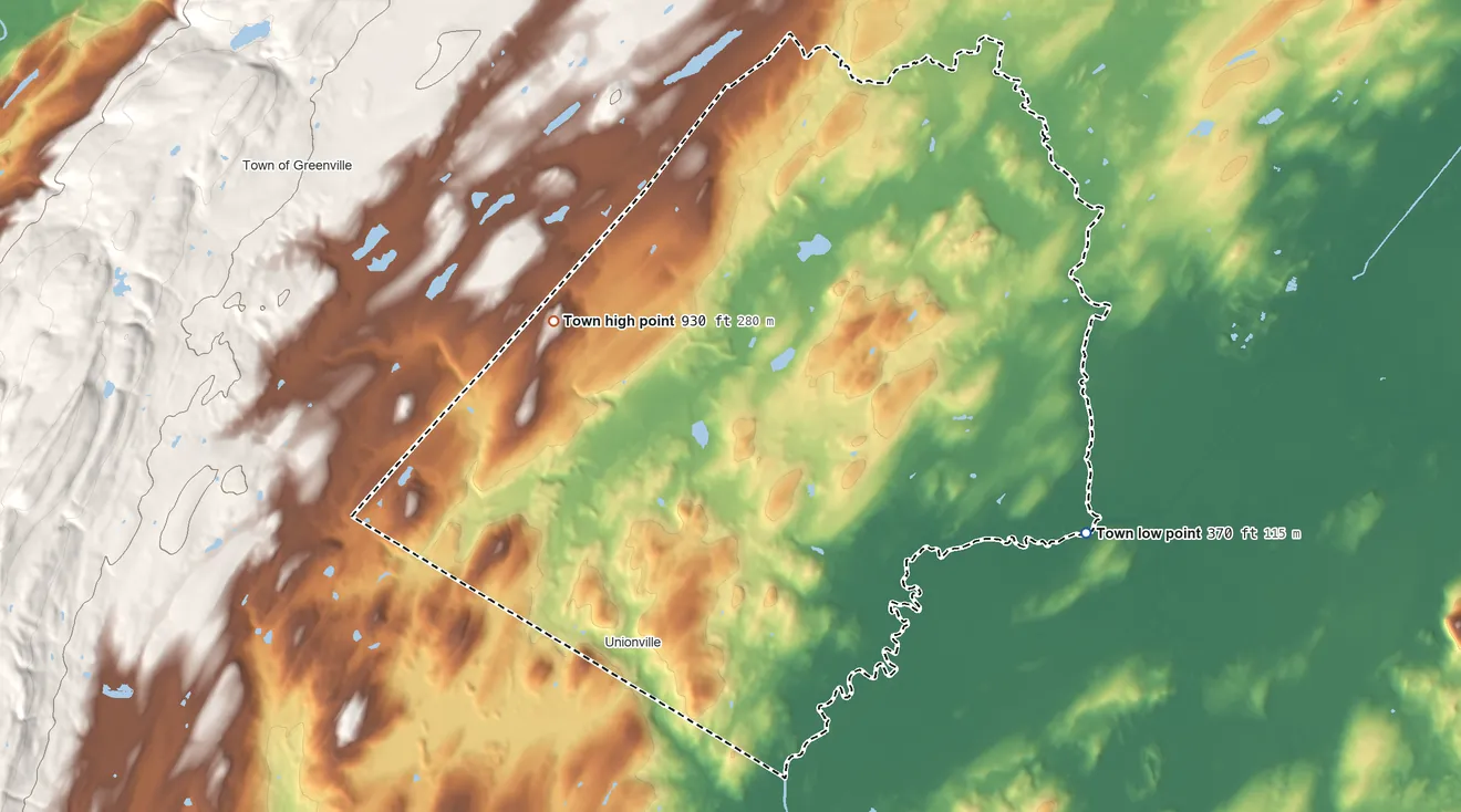 Topographic elevation map of Minisink, New York, shaded from 370 ft on the southeast side to 930 ft on the west side