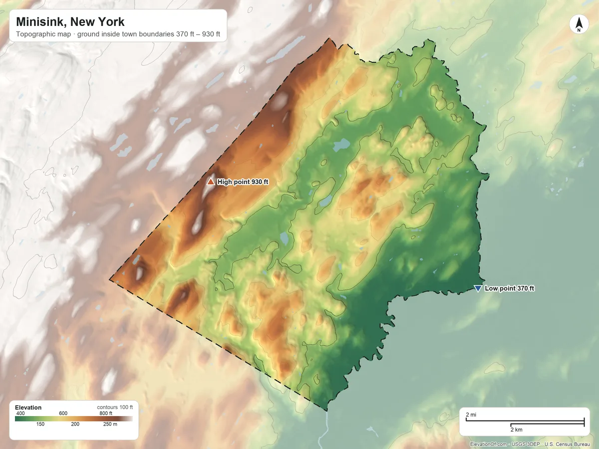 Topographic elevation map of Minisink, New York, shaded from 370 ft on the southeast side to 930 ft on the west side