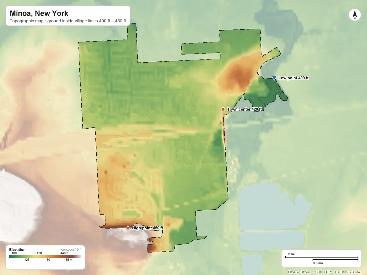 Topographic elevation map of Minoa, New York, shaded from 400 ft on the northeast side to 450 ft on the southwest side