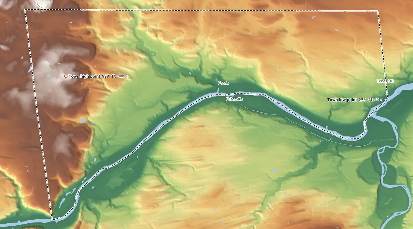 Topographic elevation map of Mohawk, New York, shaded from 270 ft on the east side to 990 ft on the west side