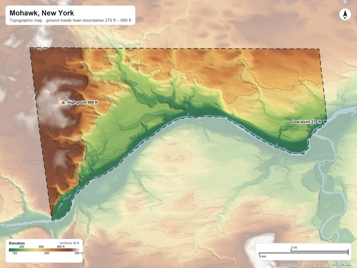 Topographic elevation map of Mohawk, New York, shaded from 270 ft on the east side to 990 ft on the west side