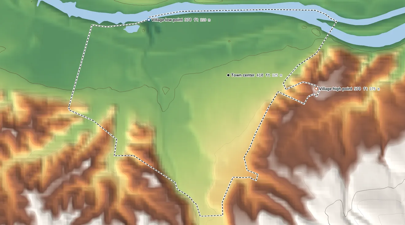 Topographic elevation map of Village of Mohawk, New York, shaded from 370 ft on the northwest side to 570 ft on the east edge, below higher ground just outside