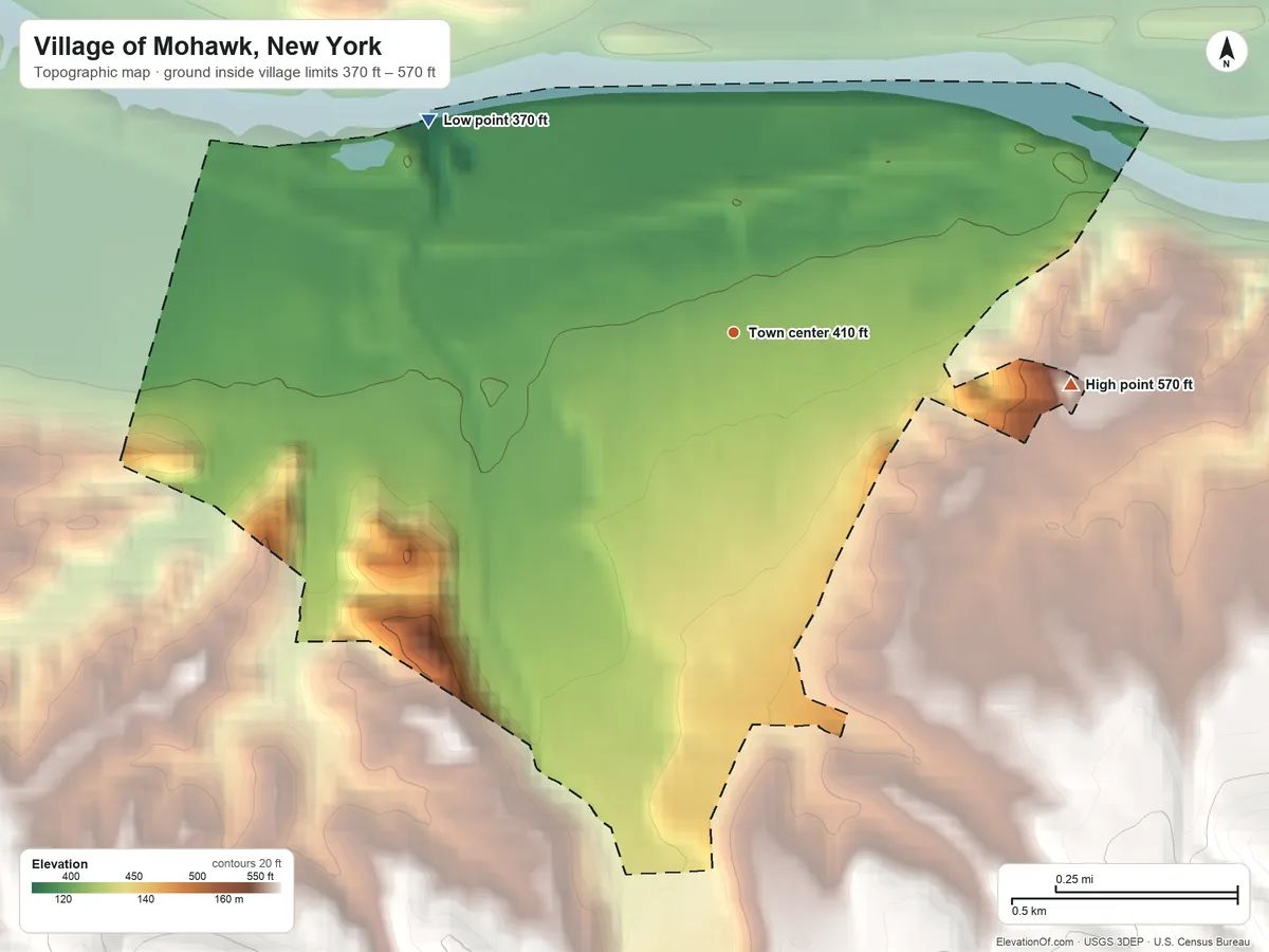 Topographic elevation map of Village of Mohawk, New York, shaded from 370 ft on the northwest side to 570 ft on the east edge, below higher ground just outside