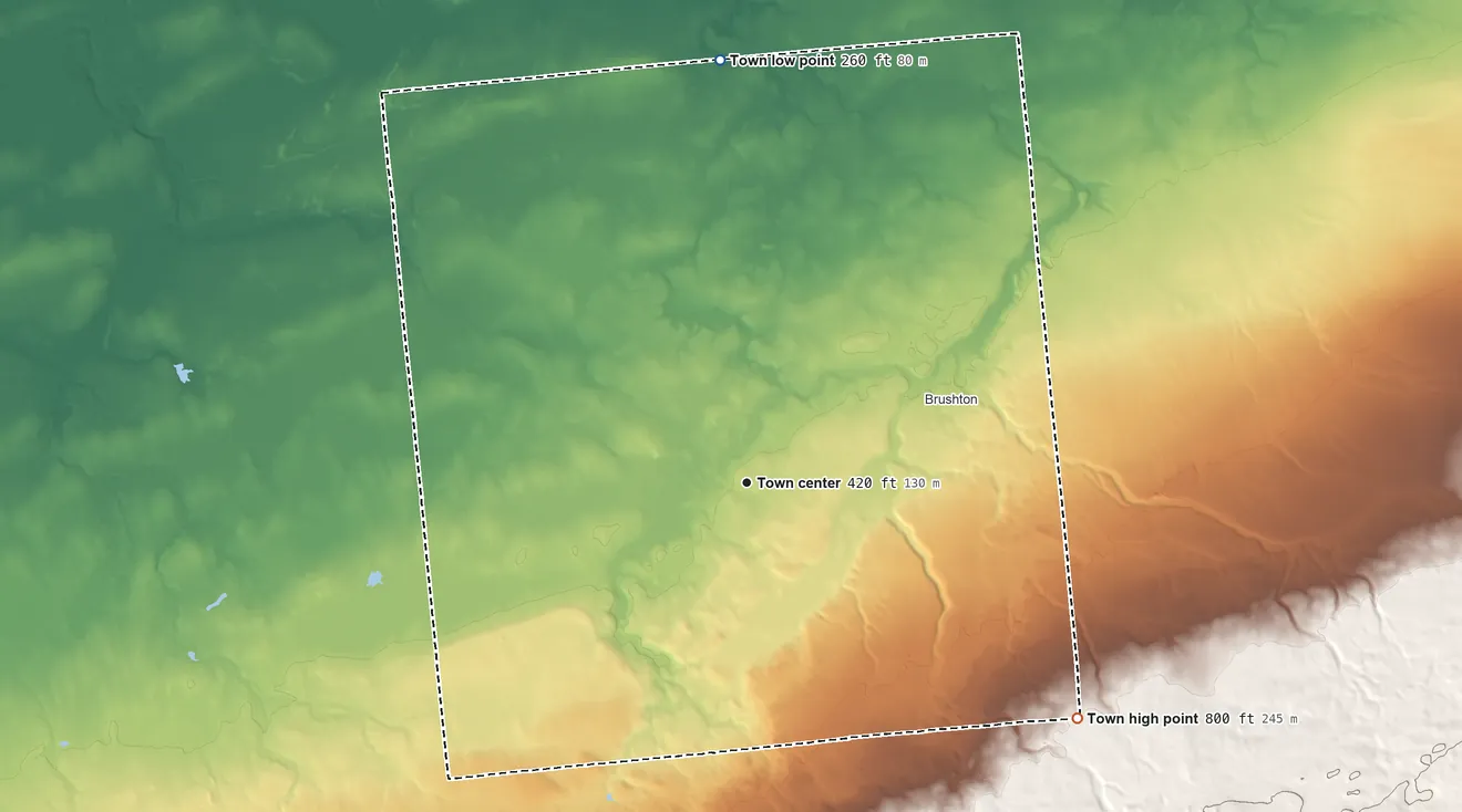 Topographic elevation map of Moira, New York, shaded from 260 ft on the north side to 800 ft on the southeast side