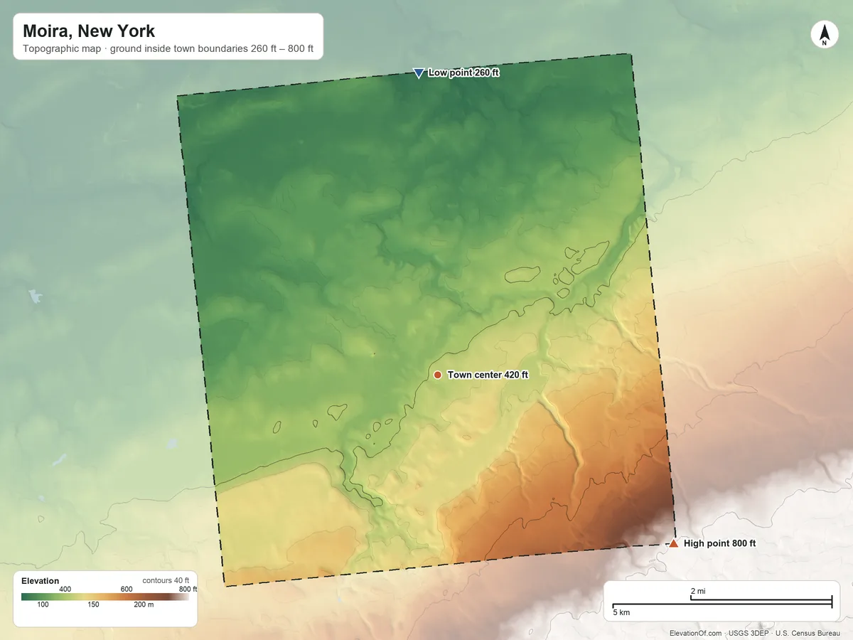 Topographic elevation map of Moira, New York, shaded from 260 ft on the north side to 800 ft on the southeast side