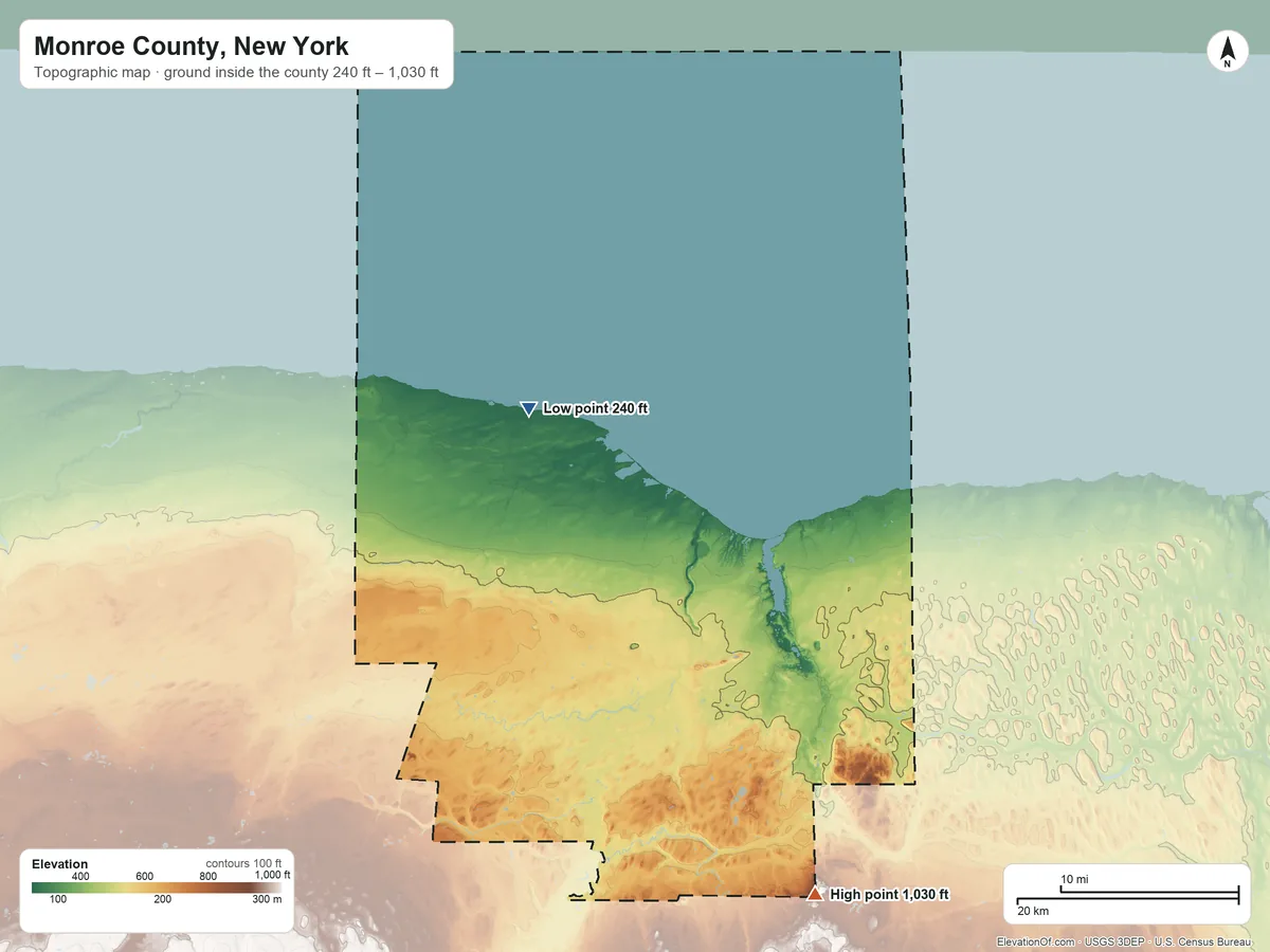 Topographic elevation map of Monroe County, New York, shaded from 240 ft on the northwest side to 1,030 ft on the southeast side