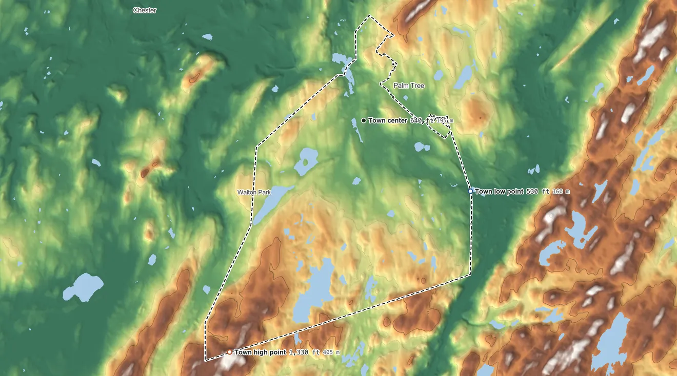 Topographic elevation map of Monroe, New York, shaded from 530 ft on the southeast side to 1,330 ft on the southwest side