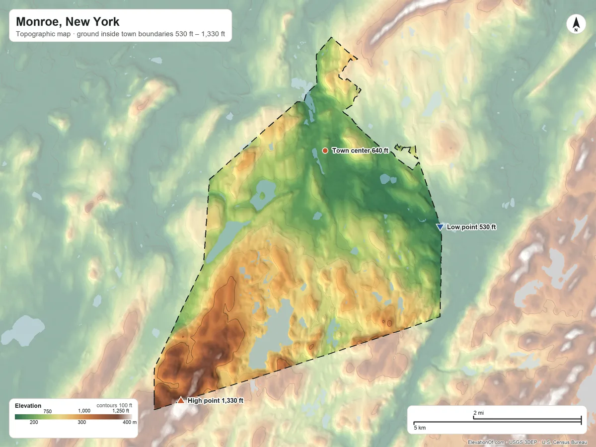 Topographic elevation map of Monroe, New York, shaded from 530 ft on the southeast side to 1,330 ft on the southwest side