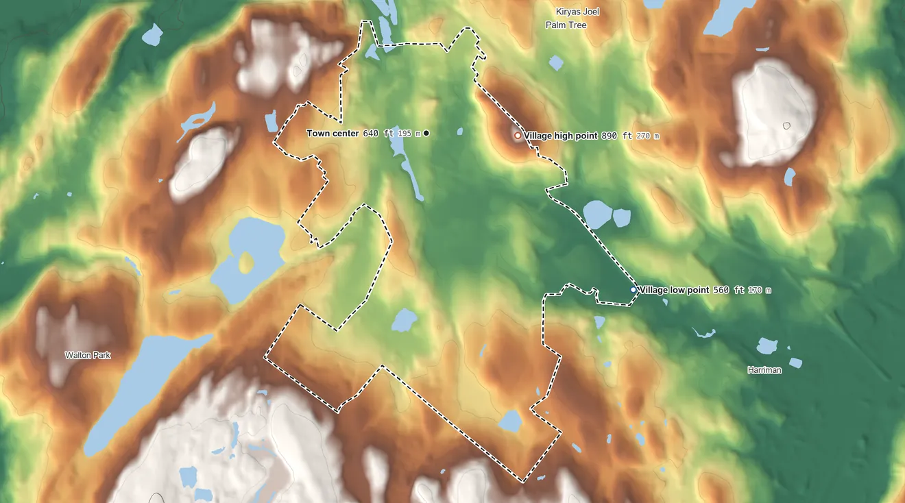 Topographic elevation map of Village of Monroe, New York, shaded from 560 ft on the southeast side to 890 ft on Bald Hill