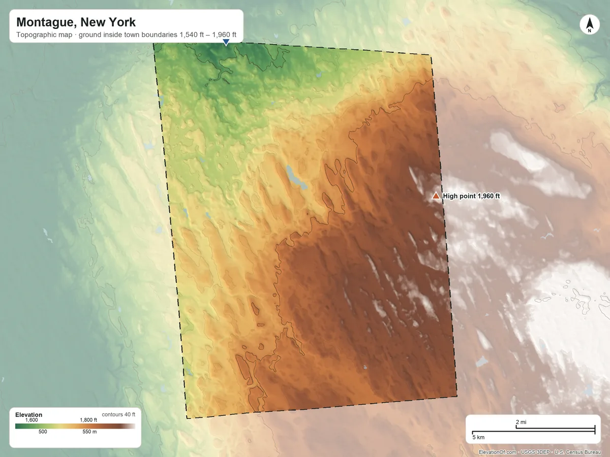 Topographic elevation map of Montague, New York, shaded from 1,540 ft on the northwest side to 1,960 ft on the southeast side
