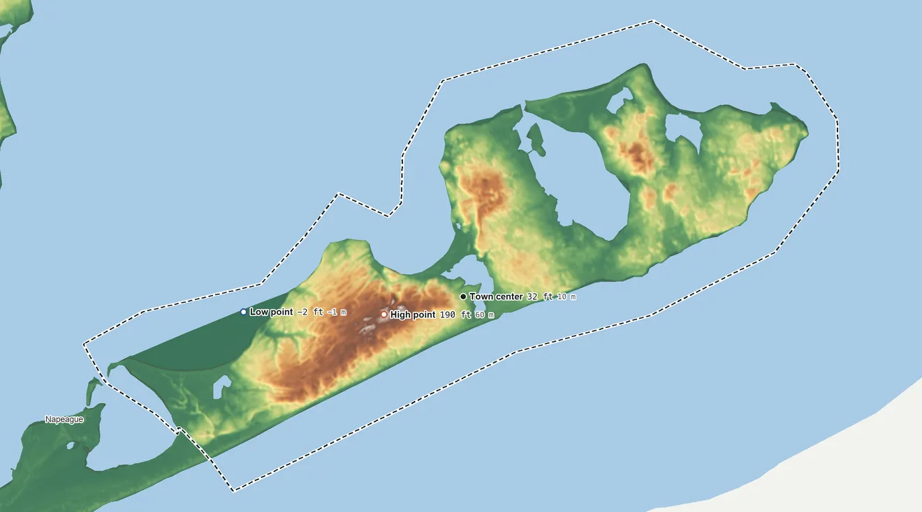 Topographic elevation map of Montauk, New York, shaded from −2 ft on the west side to 190 ft near the middle