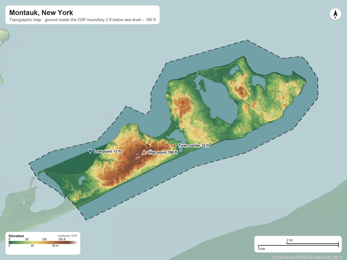 Topographic elevation map of Montauk, New York, shaded from −2 ft on the west side to 190 ft near the middle