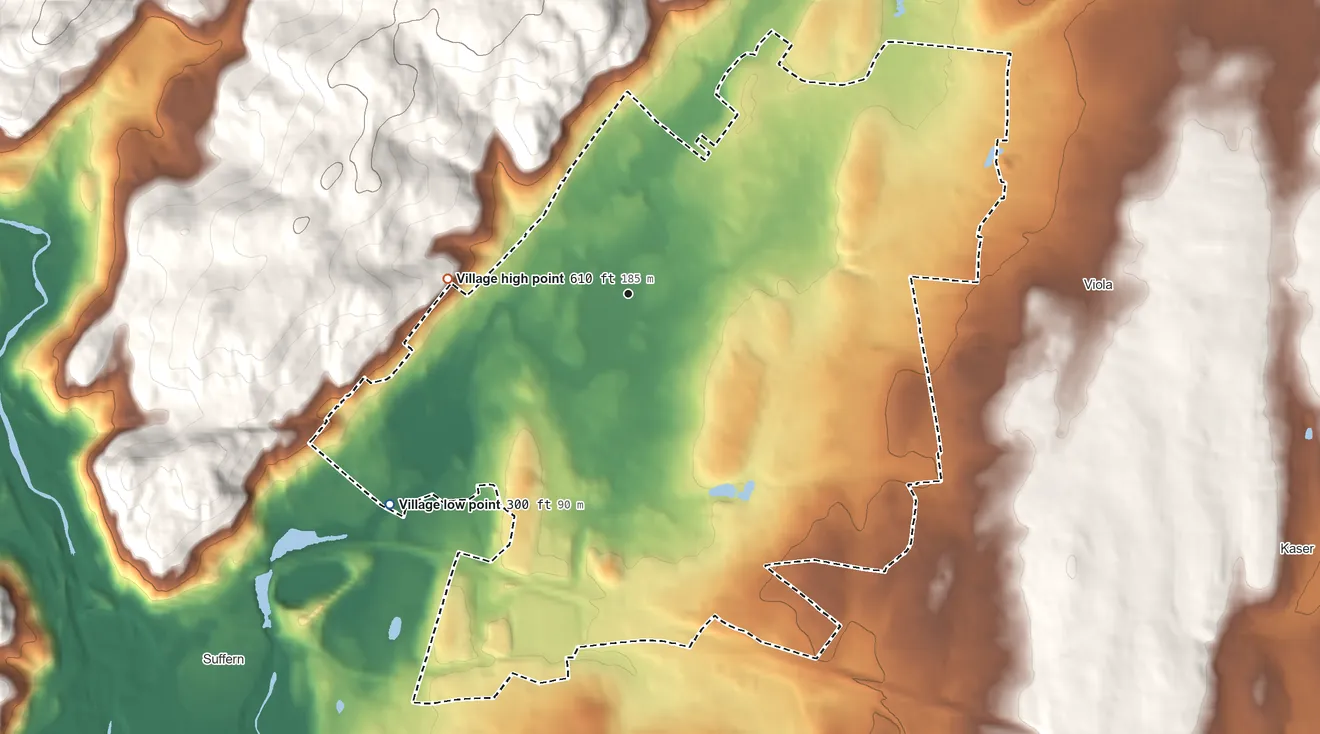 Topographic elevation map of Montebello, New York, shaded from 300 ft on the southwest side to 610 ft at the foot of the Warwick Mountain