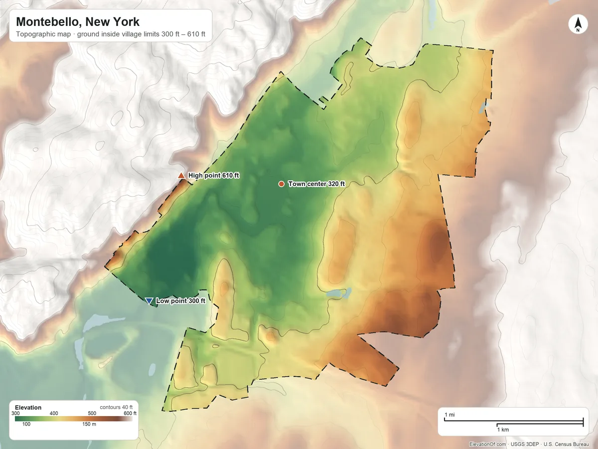 Topographic elevation map of Montebello, New York, shaded from 300 ft on the southwest side to 610 ft at the foot of the Warwick Mountain