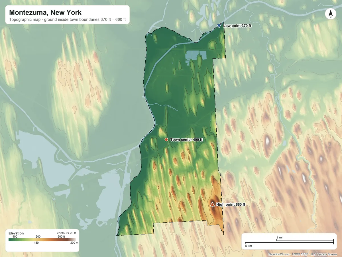 Topographic elevation map of Montezuma, New York, shaded from 370 ft on the northeast side to 660 ft on the southeast side