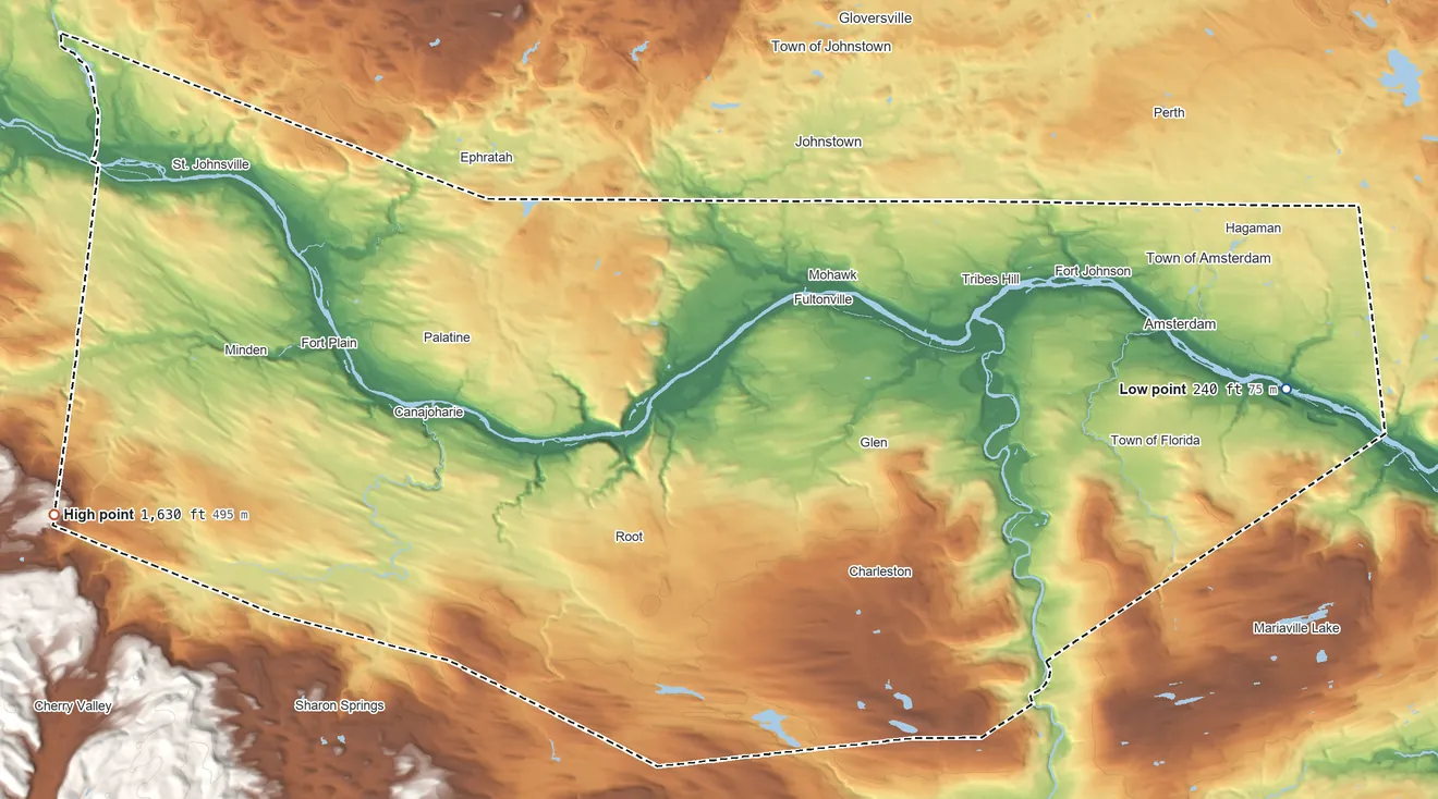 Topographic elevation map of Montgomery County, New York, shaded from 240 ft on the east side to 1,630 ft on the west side