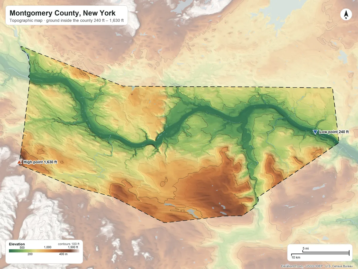 Topographic elevation map of Montgomery County, New York, shaded from 240 ft on the east side to 1,630 ft on the west side