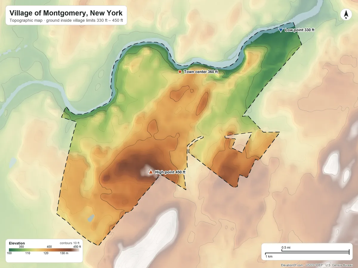 Topographic elevation map of Village of Montgomery, New York, shaded from 330 ft on the northeast side to 450 ft on the south side
