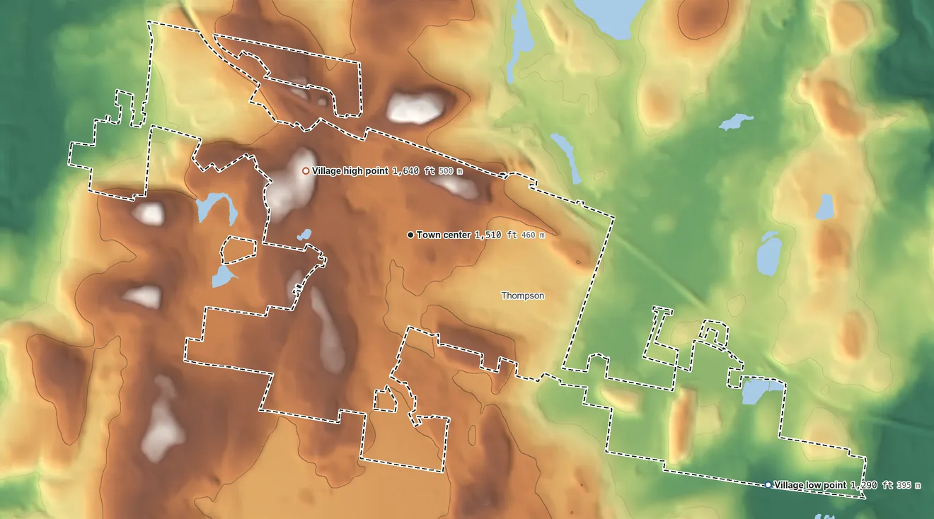 Topographic elevation map of Monticello, New York, shaded from 1,290 ft on the southeast side to 1,640 ft on the northwest side
