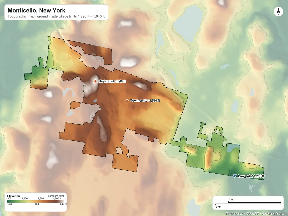 Topographic elevation map of Monticello, New York, shaded from 1,290 ft on the southeast side to 1,640 ft on the northwest side