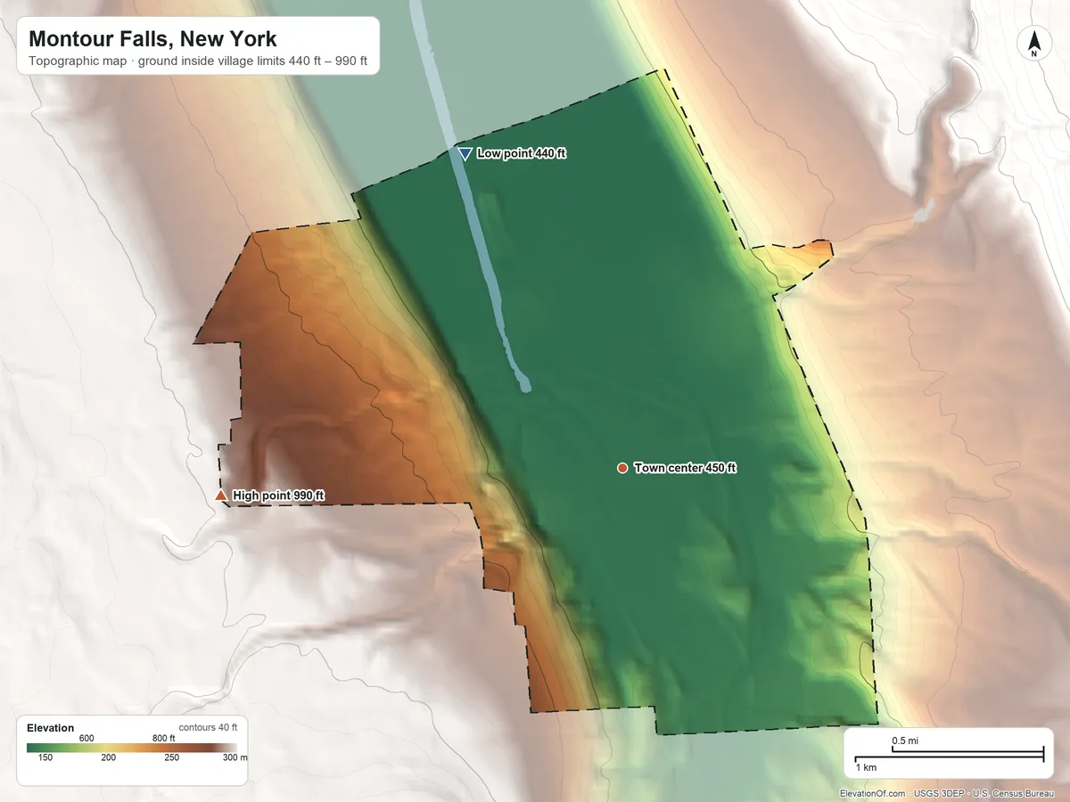 Topographic elevation map of Montour Falls, New York, shaded from 440 ft on the northwest side to 990 ft on the west edge, below higher ground just outside