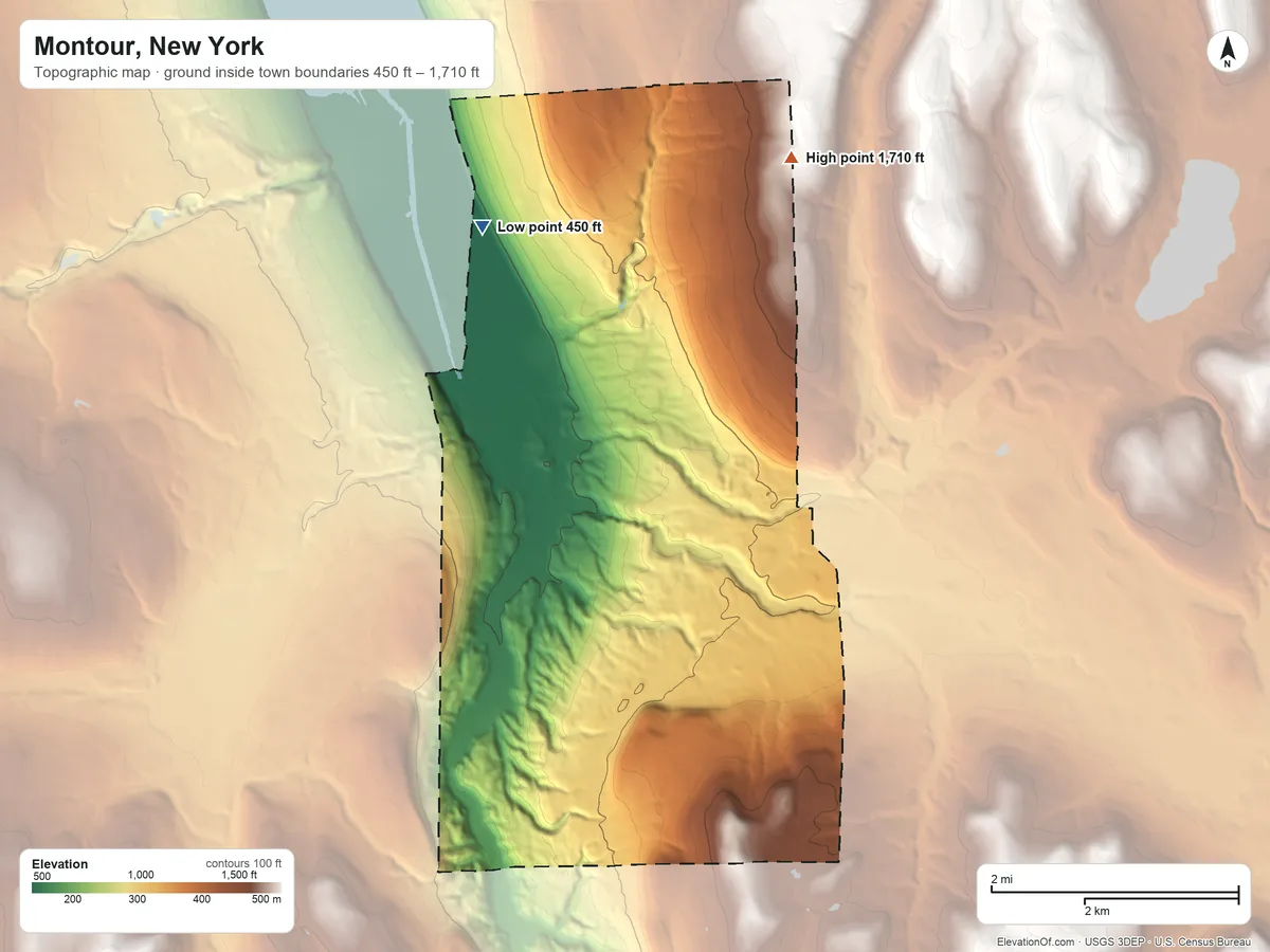 Topographic elevation map of Montour, New York, shaded from 450 ft on the north side to 1,710 ft on the northeast side