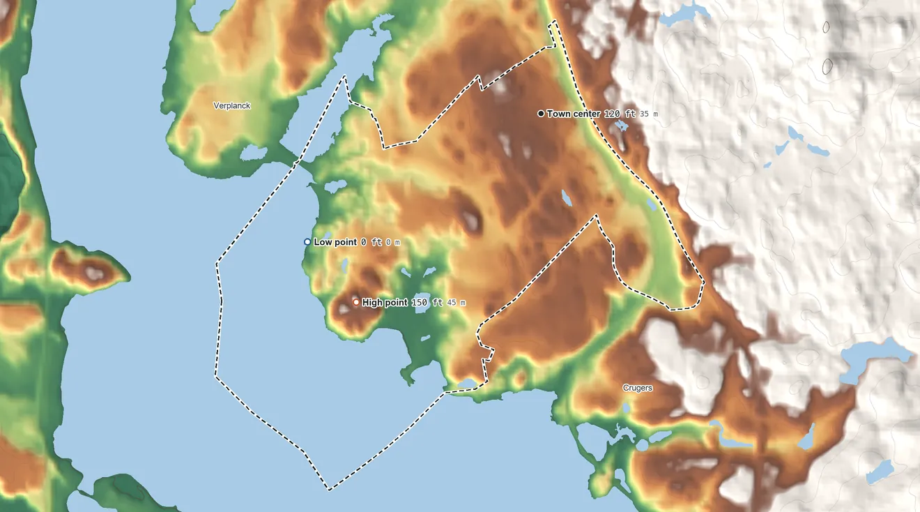 Topographic elevation map of Montrose, New York, shaded from 0 ft on the southwest side to 150 ft on the southwest side
