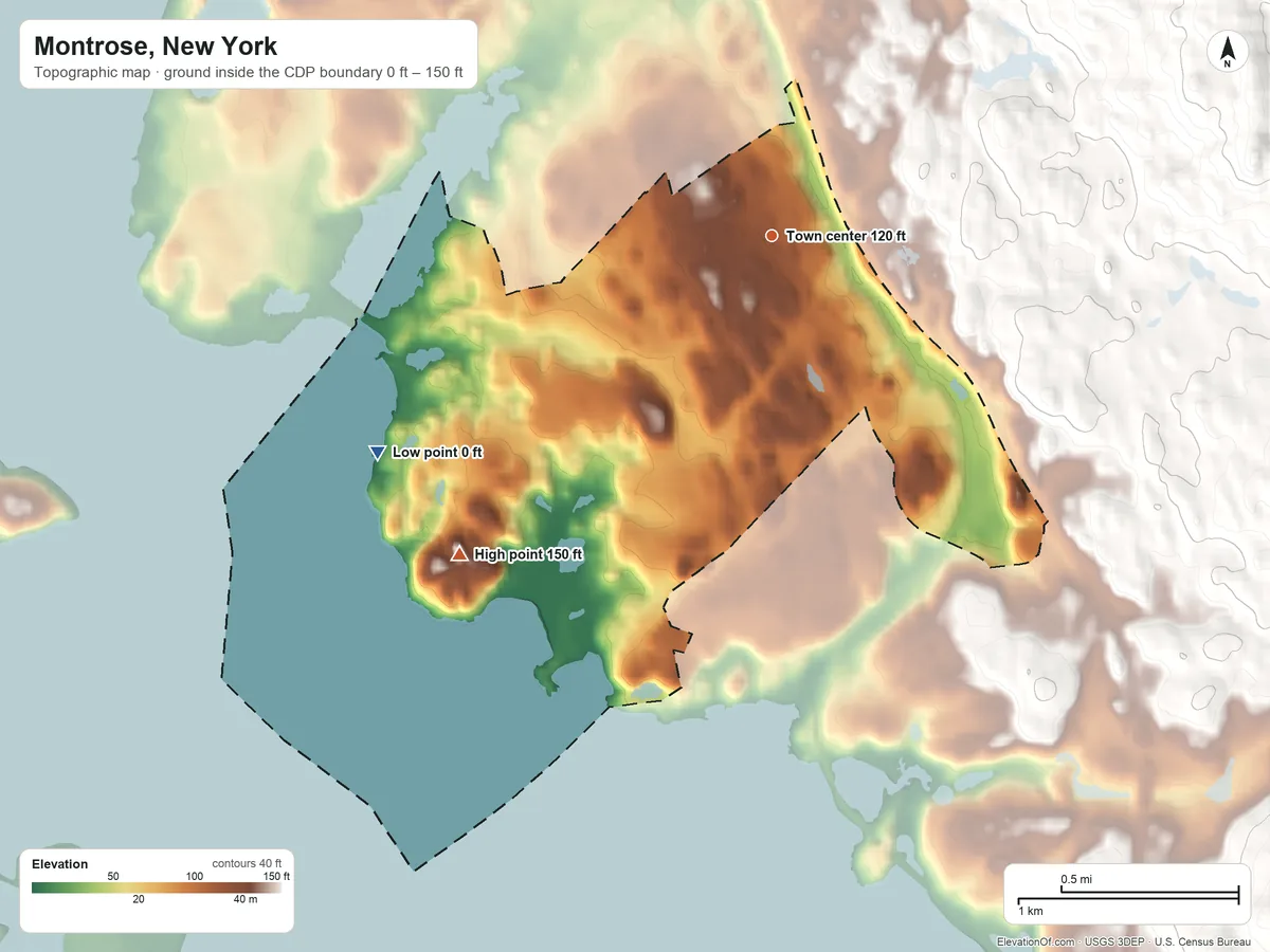 Topographic elevation map of Montrose, New York, shaded from 0 ft on the southwest side to 150 ft on the southwest side