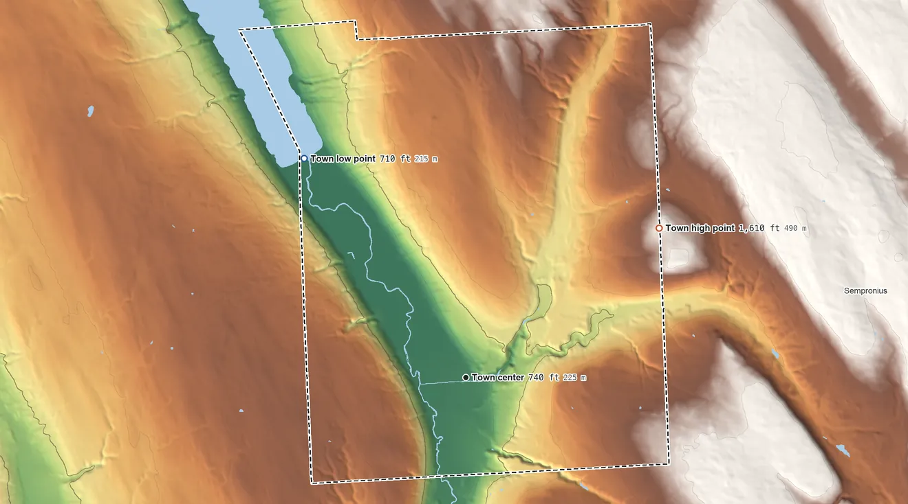 Topographic elevation map of Moravia, New York, shaded from 710 ft on the northwest side to 1,610 ft on the northeast side