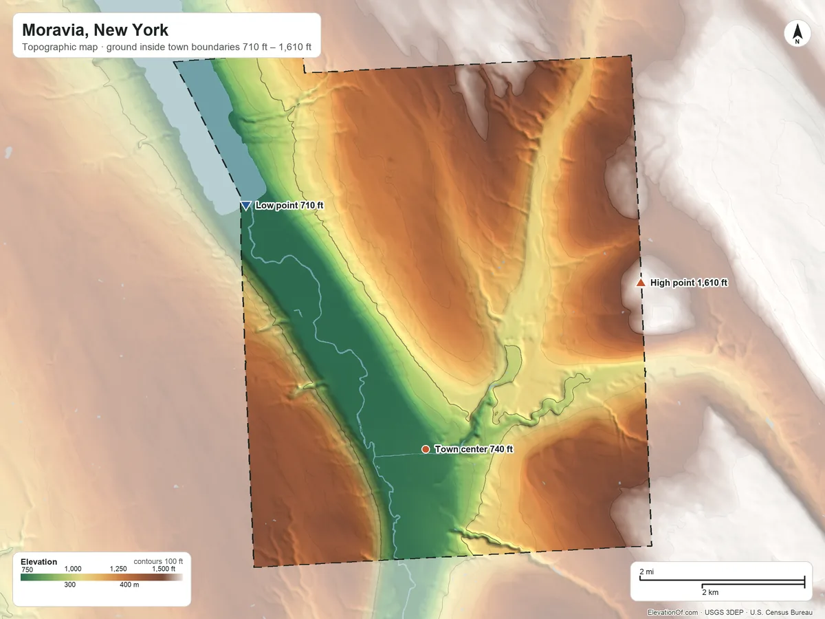 Topographic elevation map of Moravia, New York, shaded from 710 ft on the northwest side to 1,610 ft on the northeast side