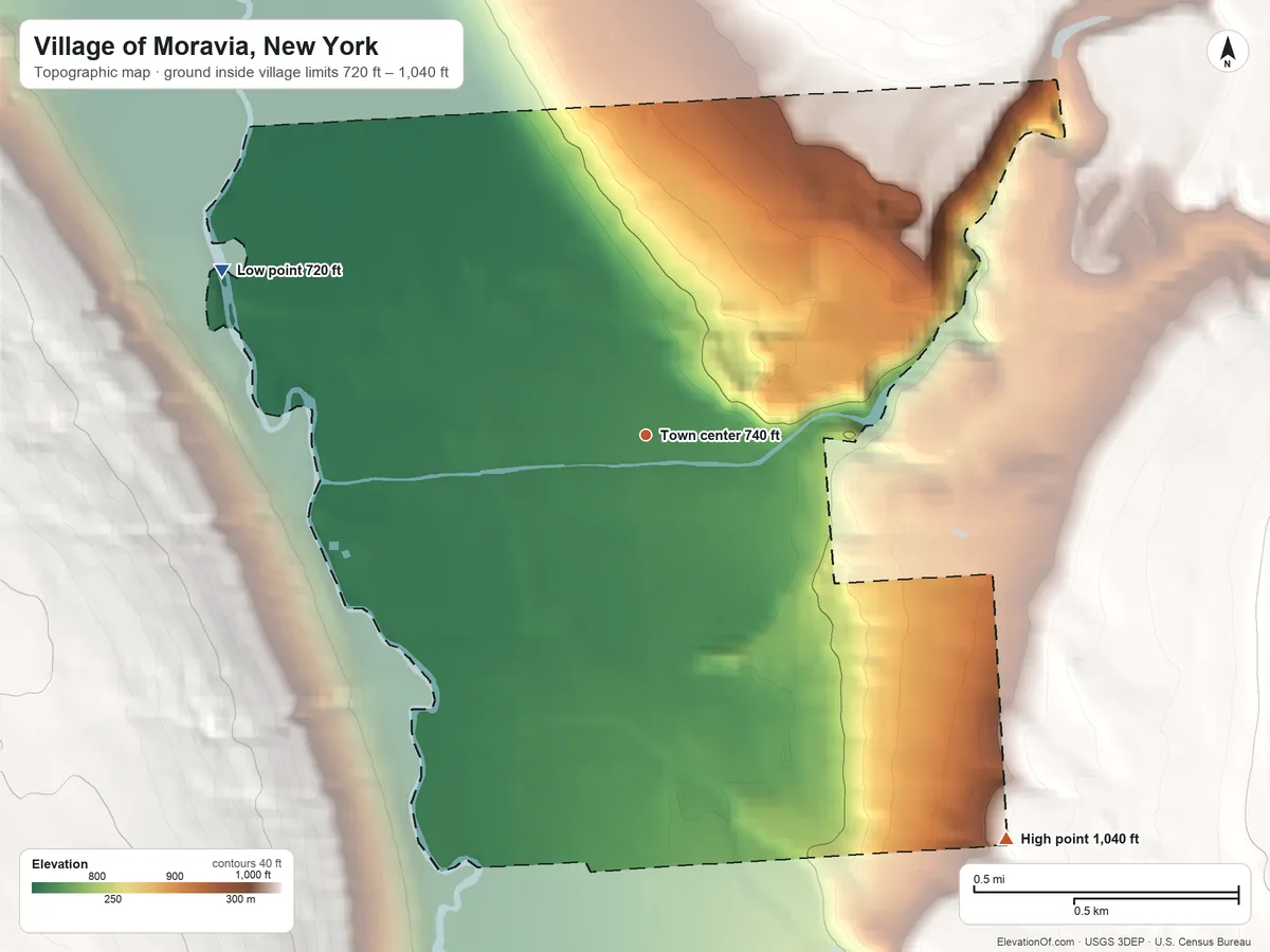 Topographic elevation map of Village of Moravia, New York, shaded from 720 ft on the west side to 1,040 ft on the southeast edge, below higher ground just outside