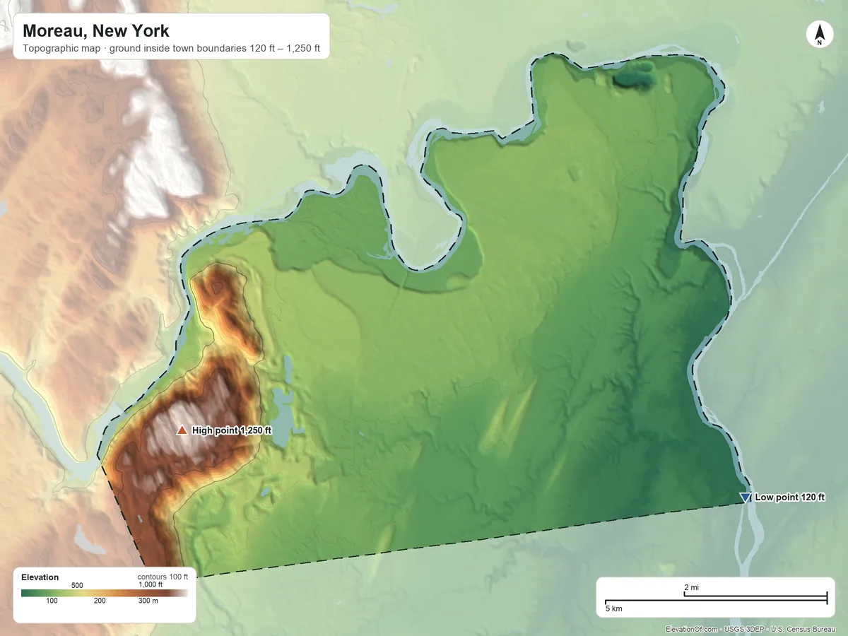 Topographic elevation map of Moreau, New York, shaded from 120 ft on the southeast side to 1,250 ft on Grant Mountain