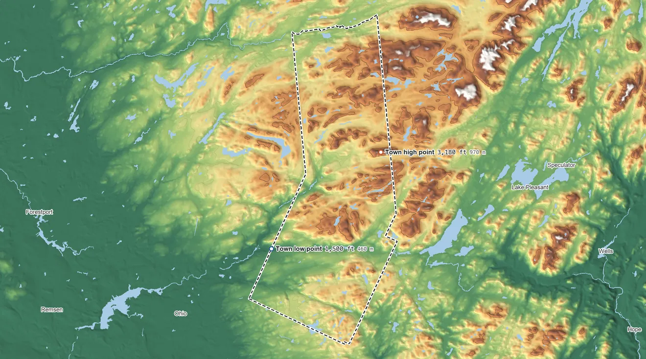 Topographic elevation map of Morehouse, New York, shaded from 1,500 ft on the west side to 3,180 ft on Spruce Lake Mountain