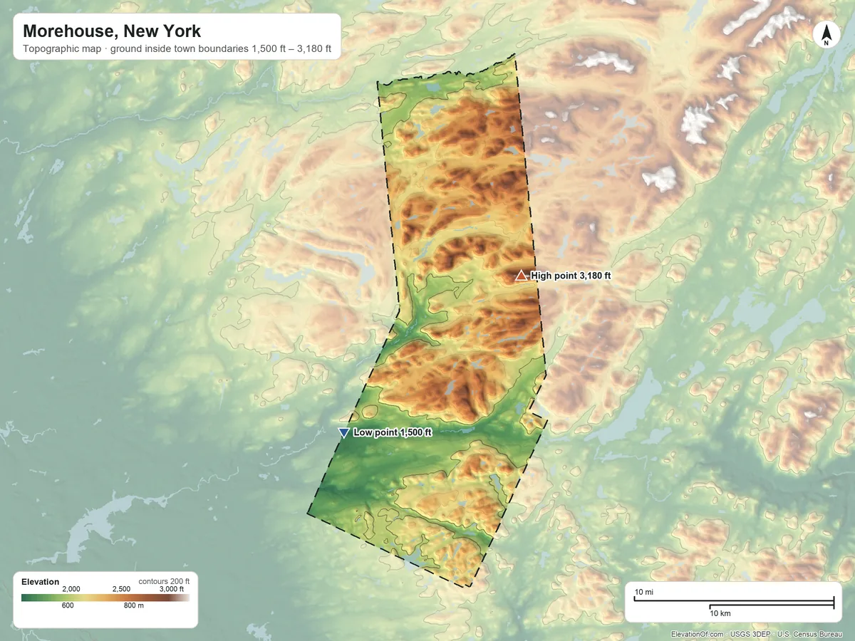 Topographic elevation map of Morehouse, New York, shaded from 1,500 ft on the west side to 3,180 ft on Spruce Lake Mountain