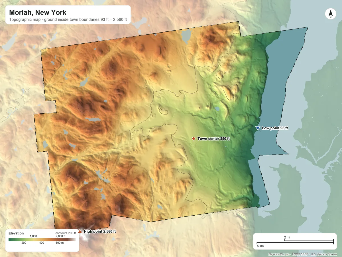Topographic elevation map of Moriah, New York, shaded from 93 ft on the east side to 2,560 ft on the southwest side