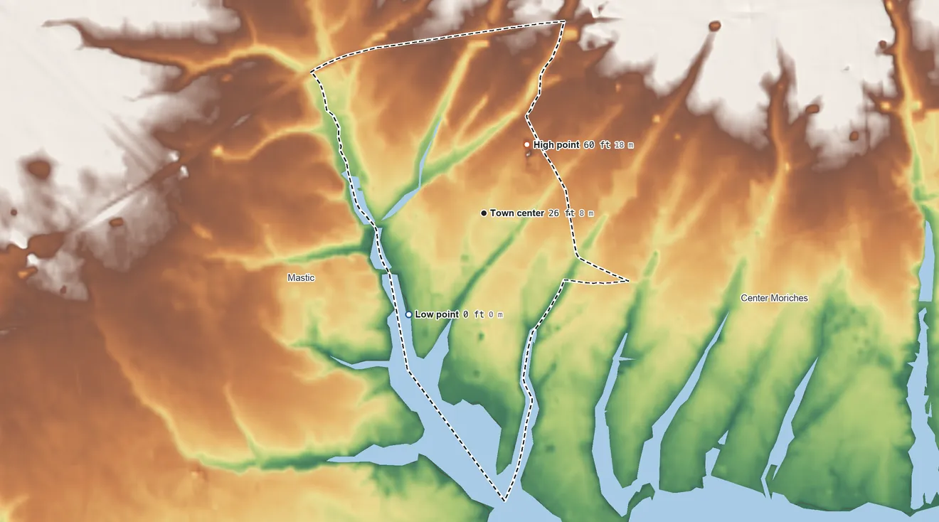 Topographic elevation map of Moriches, New York, shaded from 0 ft on the southwest side to 60 ft on the northeast side