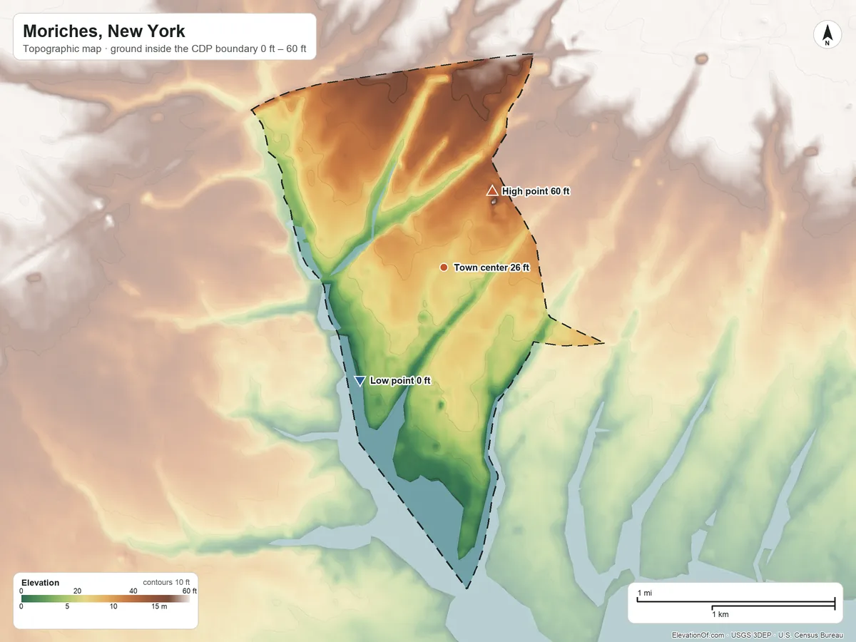 Topographic elevation map of Moriches, New York, shaded from 0 ft on the southwest side to 60 ft on the northeast side