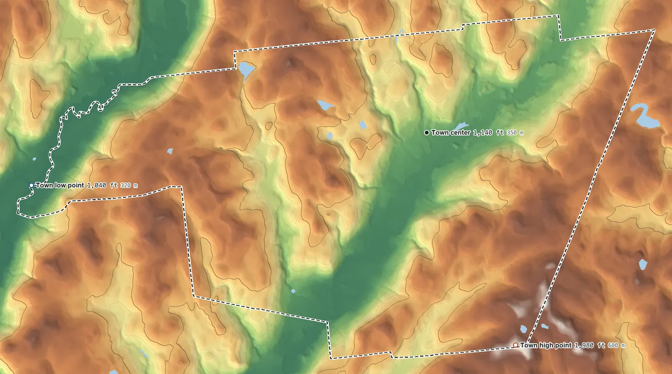 Topographic elevation map of Morris, New York, shaded from 1,040 ft on the west side to 1,980 ft on the southeast side