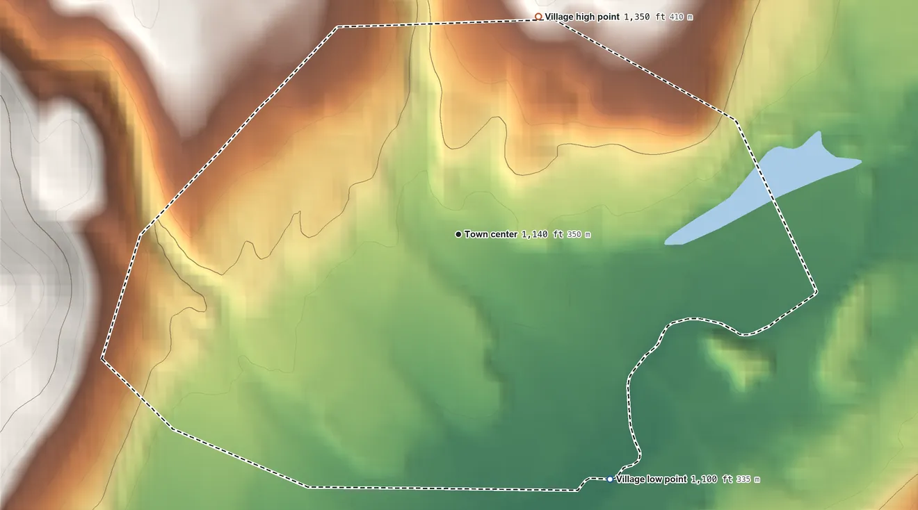 Topographic elevation map of Village of Morris, New York, shaded from 1,100 ft on the southeast side to 1,350 ft on the north edge, below higher ground just outside