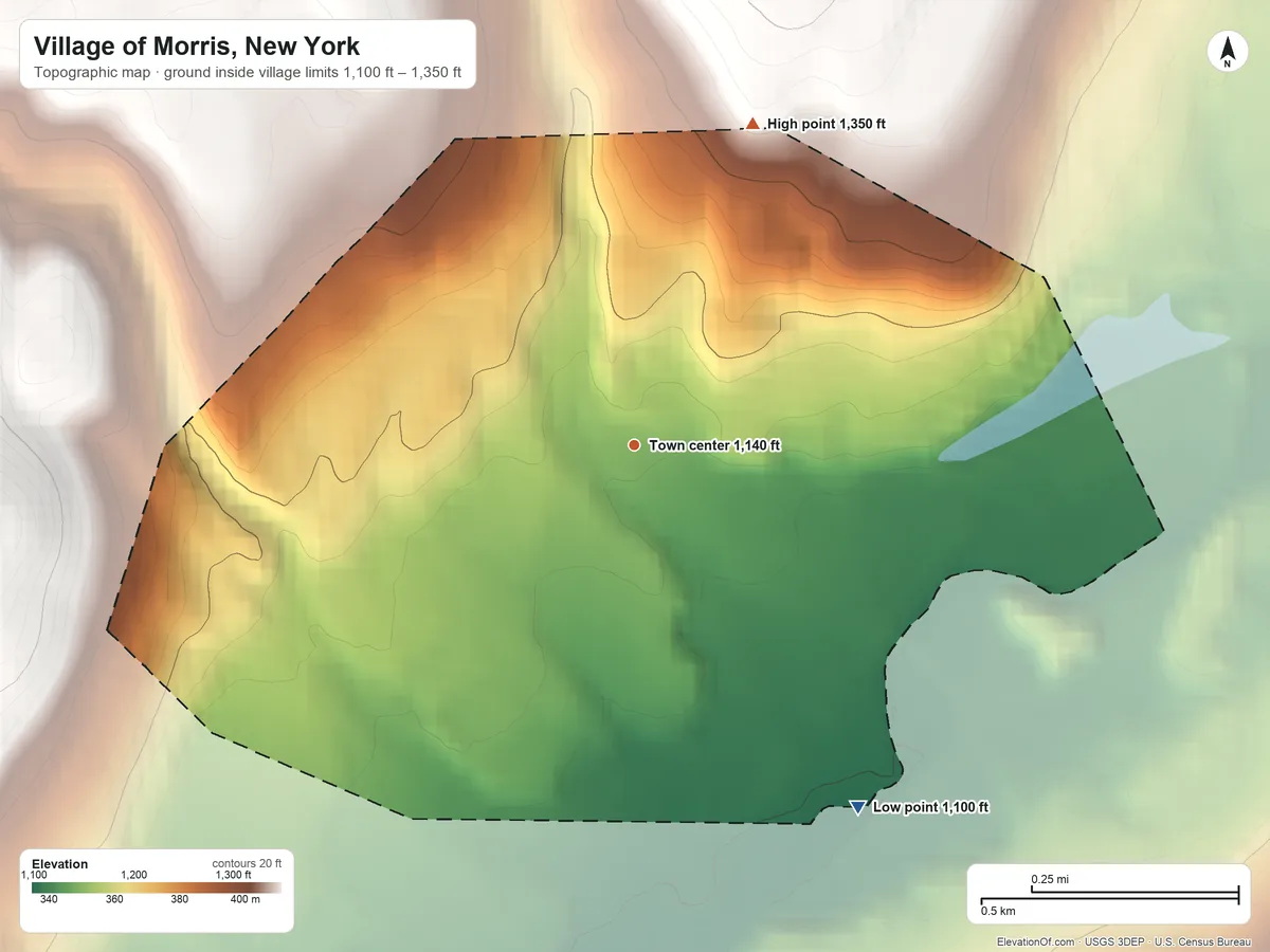 Topographic elevation map of Village of Morris, New York, shaded from 1,100 ft on the southeast side to 1,350 ft on the north edge, below higher ground just outside
