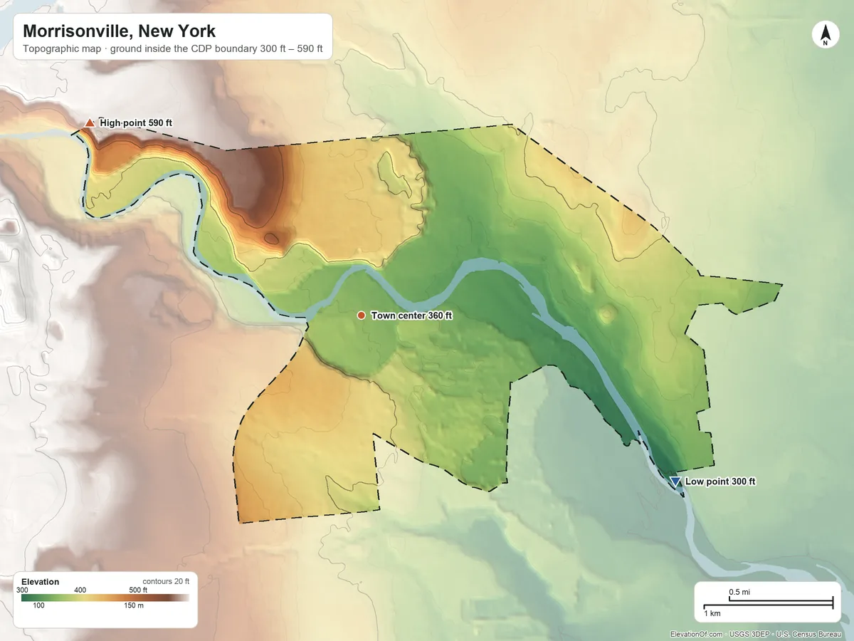 Topographic elevation map of Morrisonville, New York, shaded from 300 ft on the southeast side to 590 ft on the northwest side