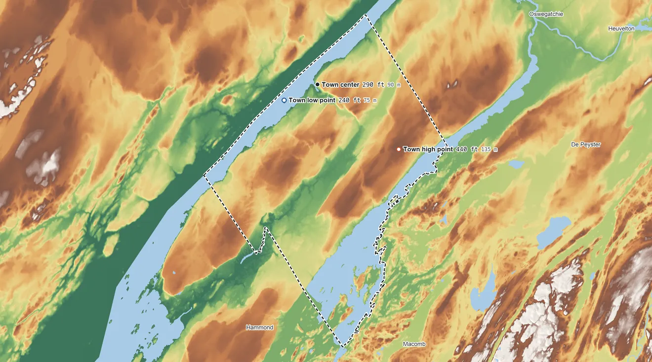 Topographic elevation map of Morristown, New York, shaded from 240 ft near the middle to 440 ft on the southeast side