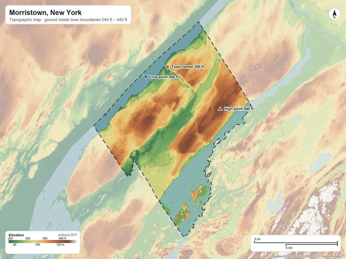 Topographic elevation map of Morristown, New York, shaded from 240 ft near the middle to 440 ft on the southeast side