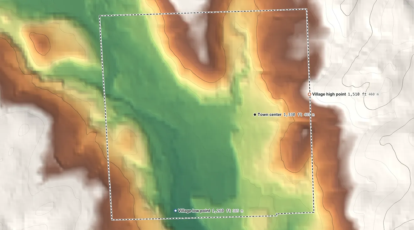 Topographic elevation map of Morrisville, New York, shaded from 1,260 ft on the southwest side to 1,510 ft on the east side
