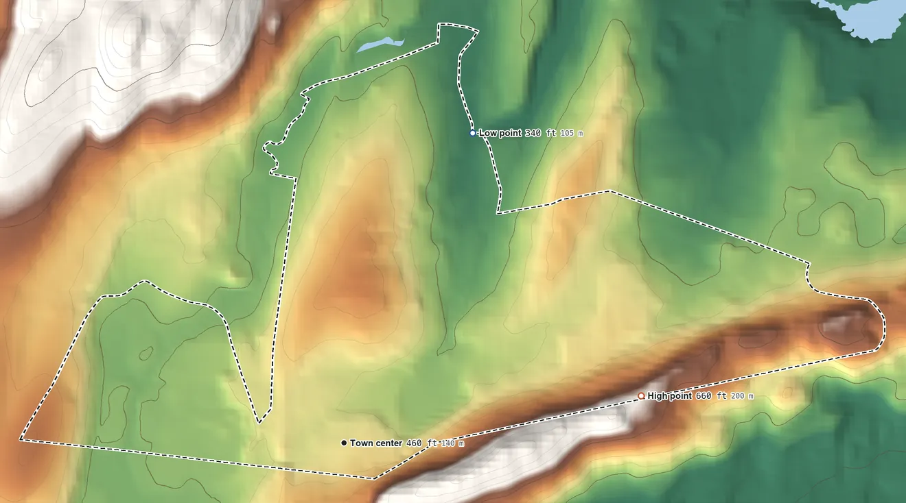 Topographic elevation map of Mount Ivy, New York, shaded from 340 ft on the northeast side to 660 ft on the east side