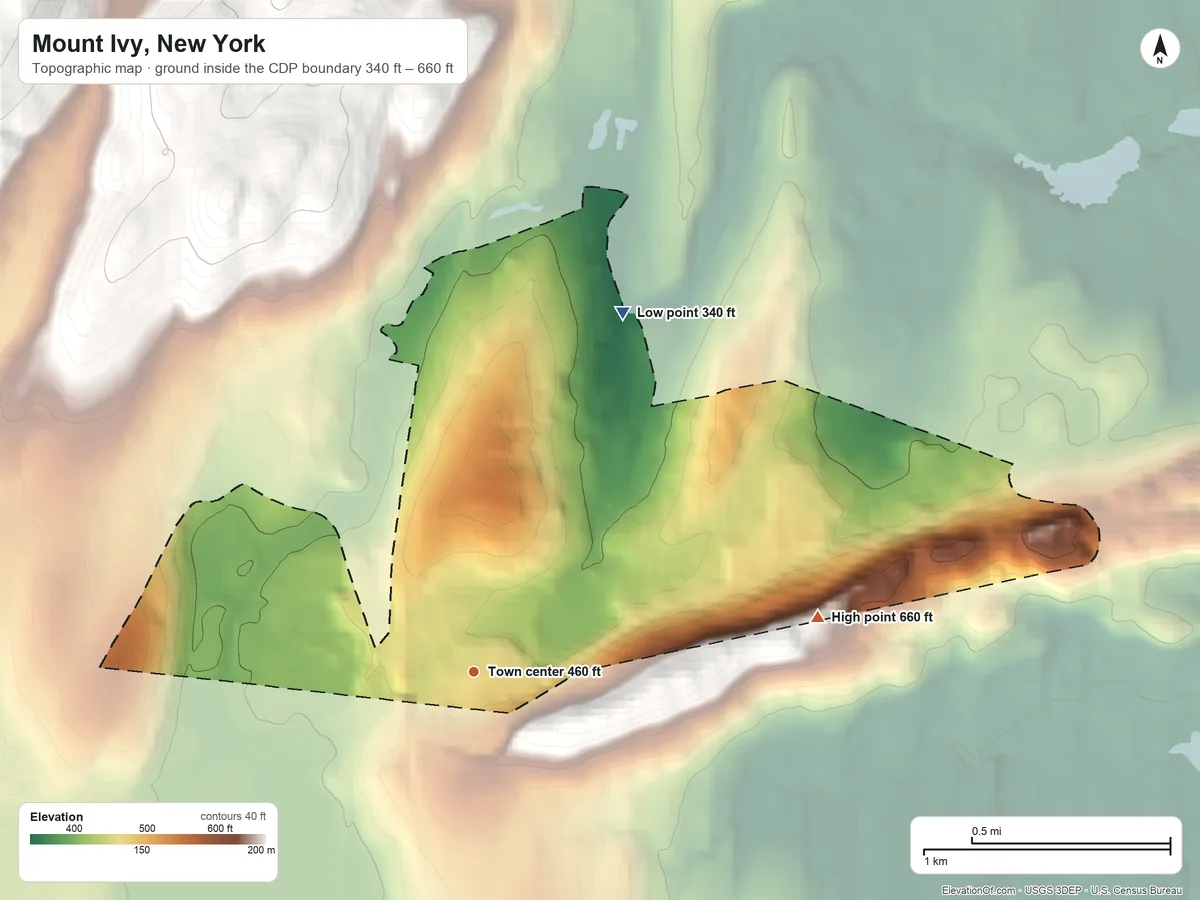 Topographic elevation map of Mount Ivy, New York, shaded from 340 ft on the northeast side to 660 ft on the east side