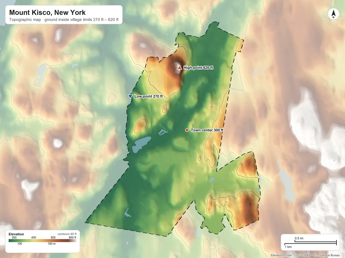 Topographic elevation map of Mount Kisco, New York, shaded from 270 ft on the northwest side to 620 ft on the north side