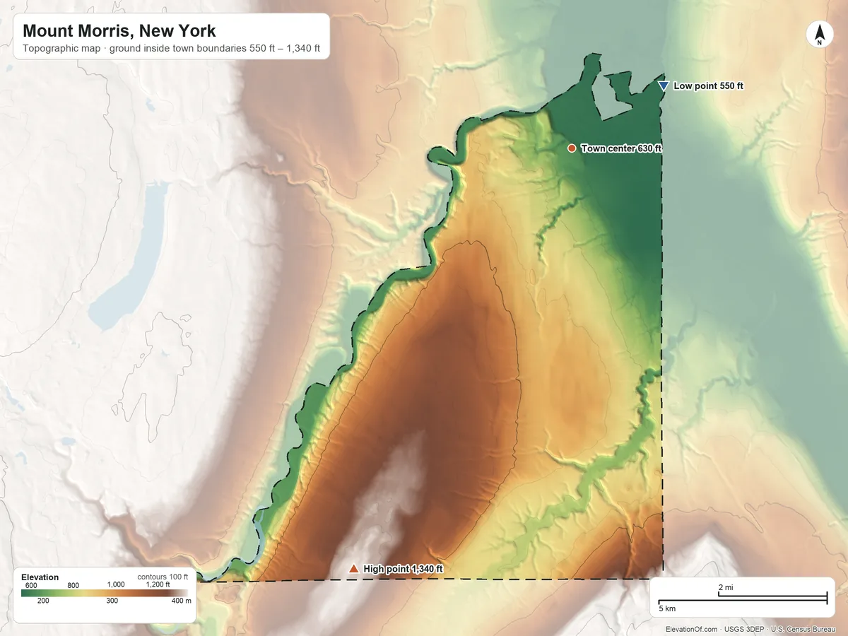 Topographic elevation map of Mount Morris, New York, shaded from 550 ft on the northeast side to 1,340 ft on the southwest side